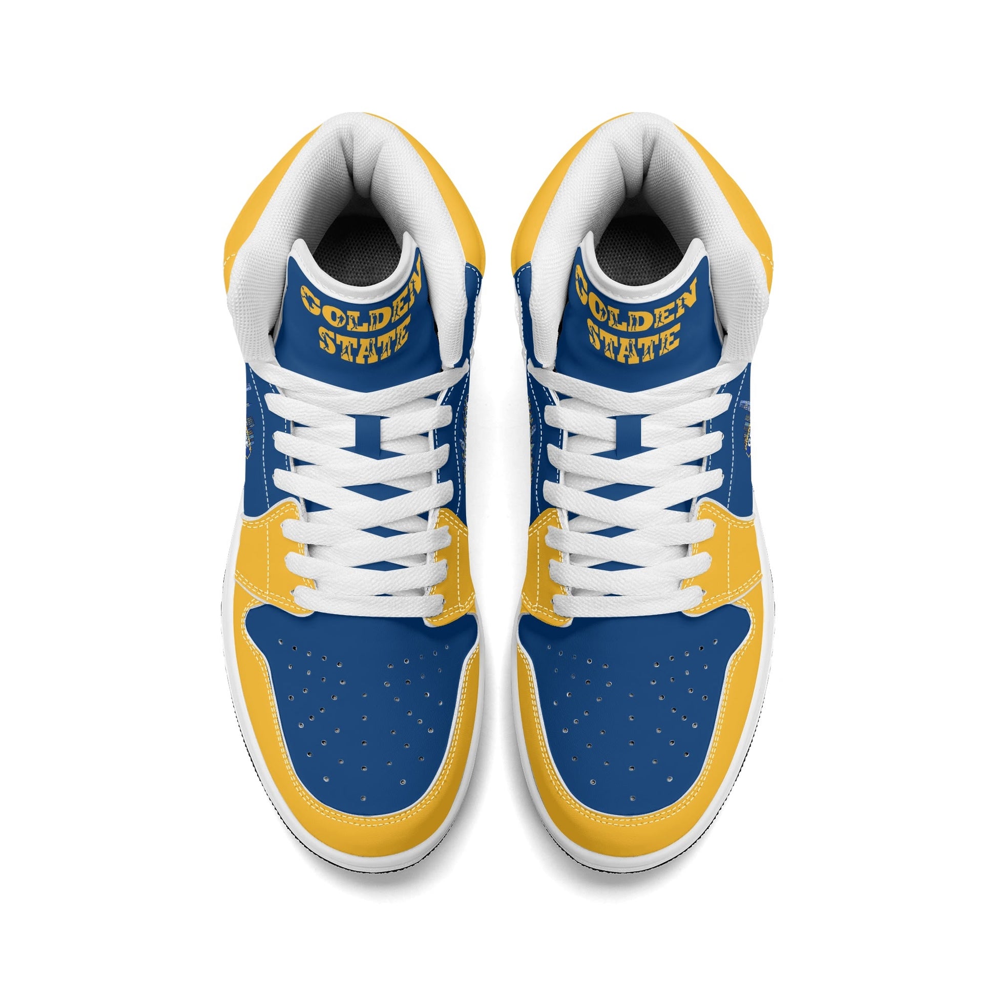 Bay Area basketball-inspired high top sneakers in blue with all-over city graphic printed upper