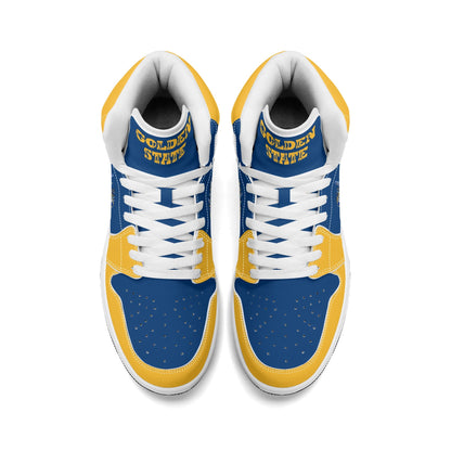 Bay Area basketball-inspired high top sneakers in blue with all-over city graphic printed upper