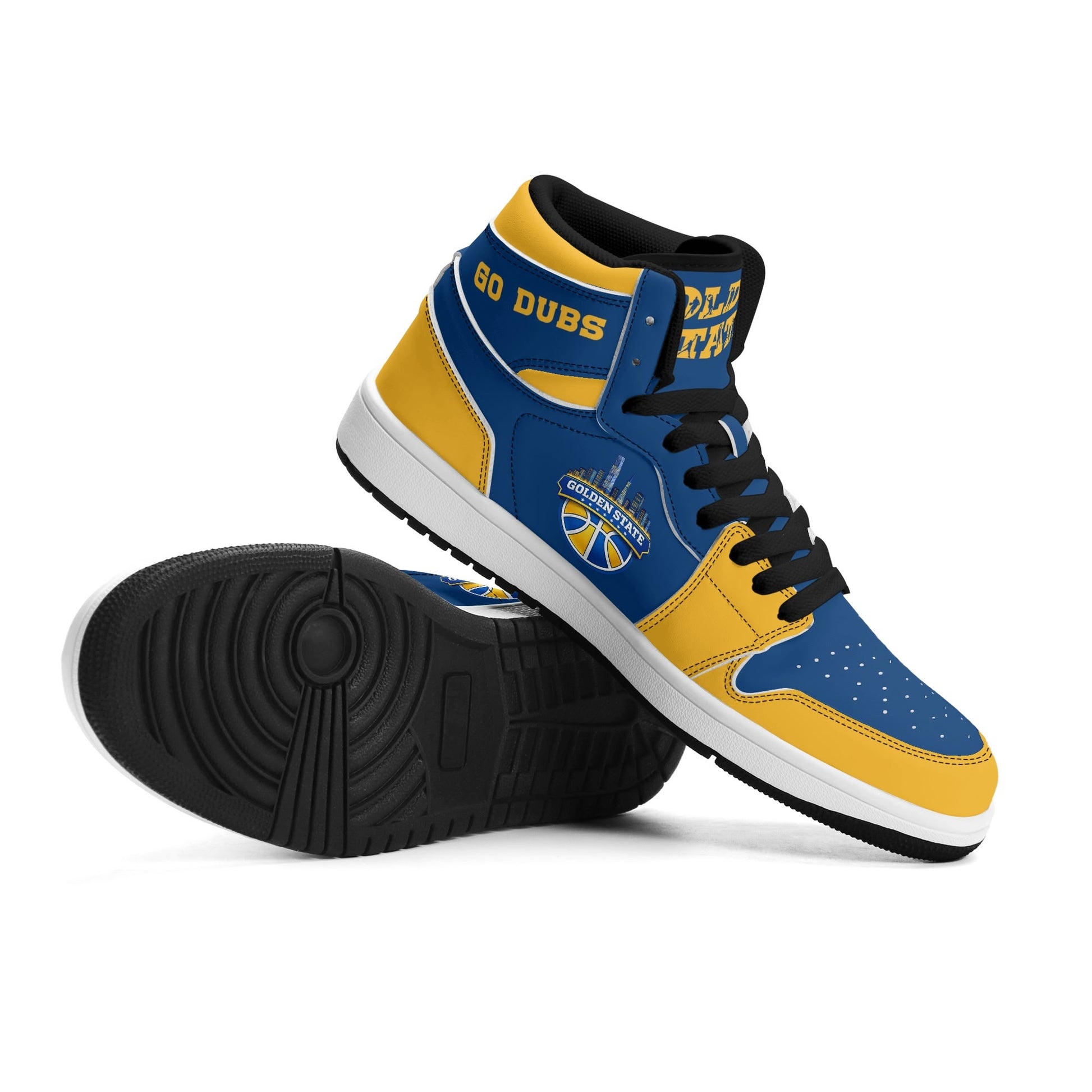 Bay Area basketball-inspired high top sneakers in blue with all-over city graphic printed upper