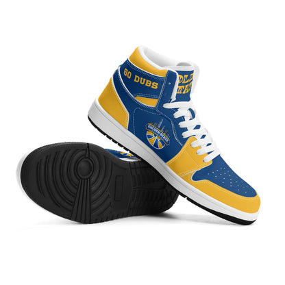 Bay Area basketball-inspired high top sneakers in blue with all-over city graphic printed upper