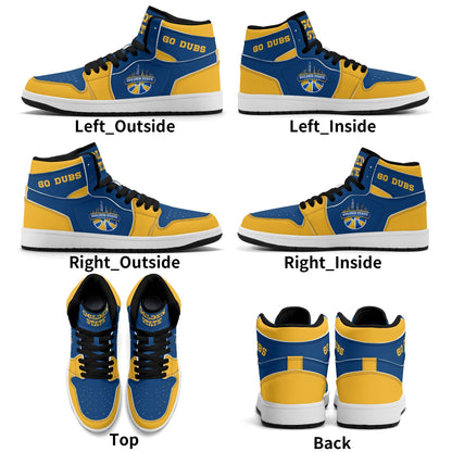 Bay Area basketball-inspired high top sneakers in blue with all-over city graphic printed upper