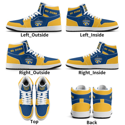 Bay Area basketball-inspired high top sneakers in blue with all-over city graphic printed upper