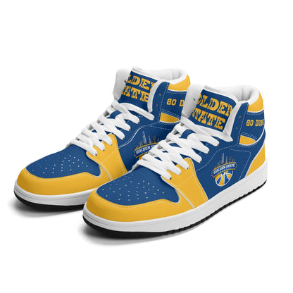 Bay Area basketball-inspired high top sneakers in blue with all-over city graphic printed upper