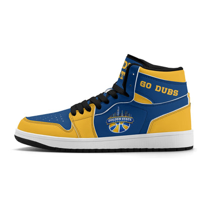 Bay Area basketball-inspired high top sneakers in blue with all-over city graphic printed upper