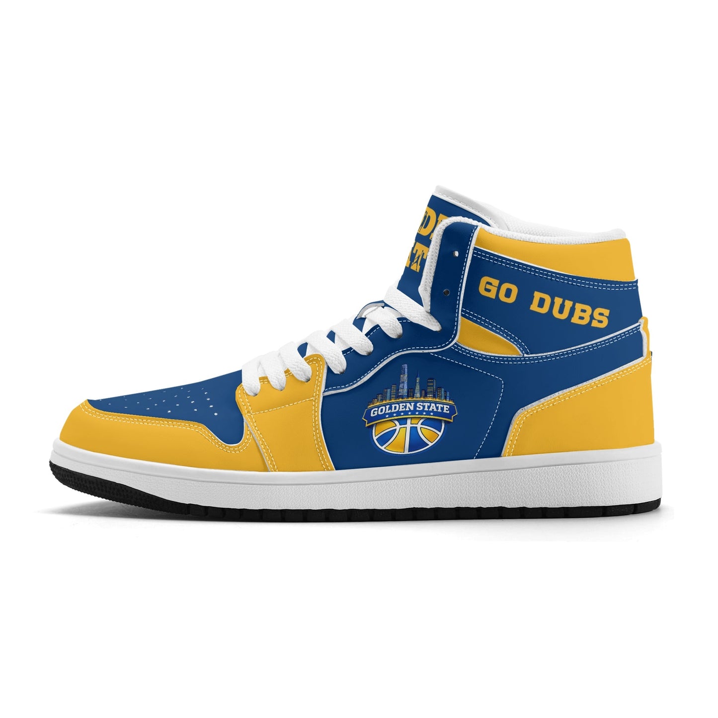 Bay Area basketball-inspired high top sneakers in blue with all-over city graphic printed upper