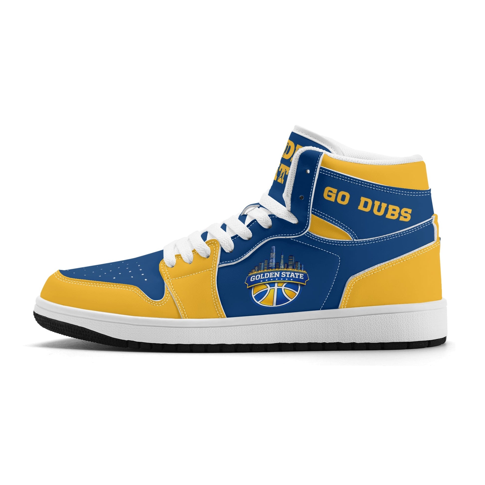 Bay Area basketball-inspired high top sneakers in blue with all-over city graphic printed upper