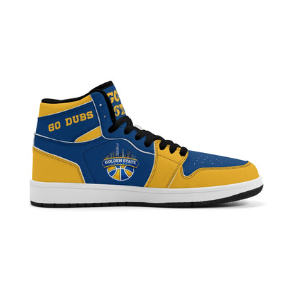 Bay Area basketball-inspired high top sneakers in blue with all-over city graphic printed upper