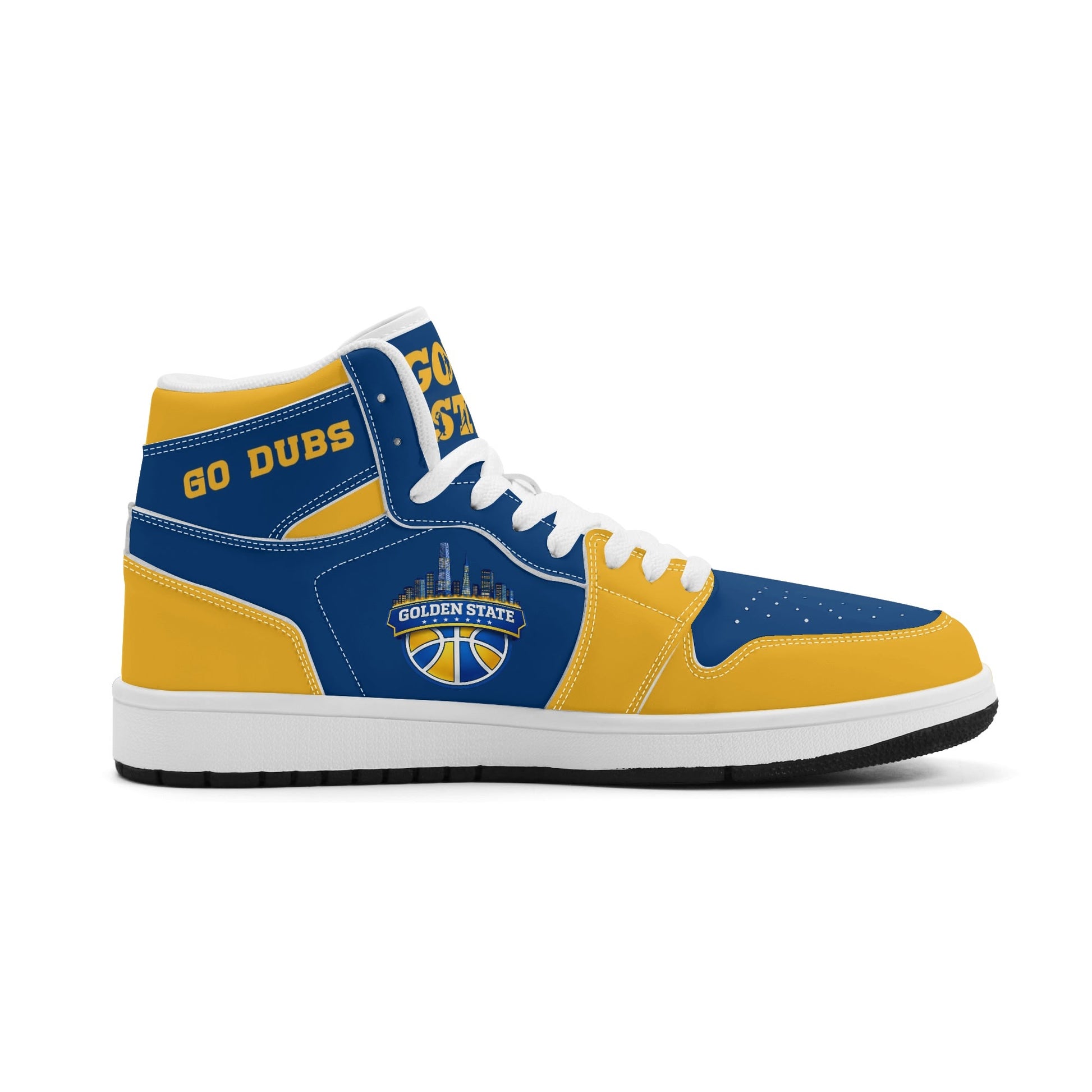 Bay Area basketball-inspired high top sneakers in blue with all-over city graphic printed upper