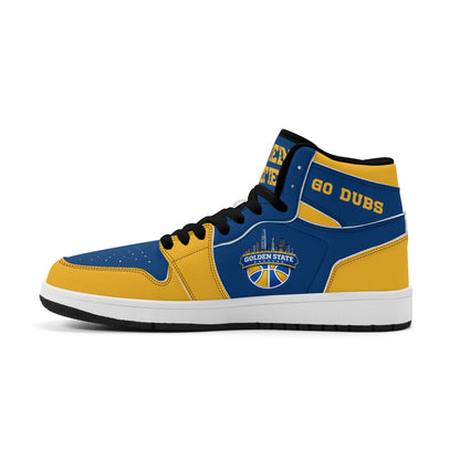 Bay Area basketball-inspired high top sneakers in blue with all-over city graphic printed upper