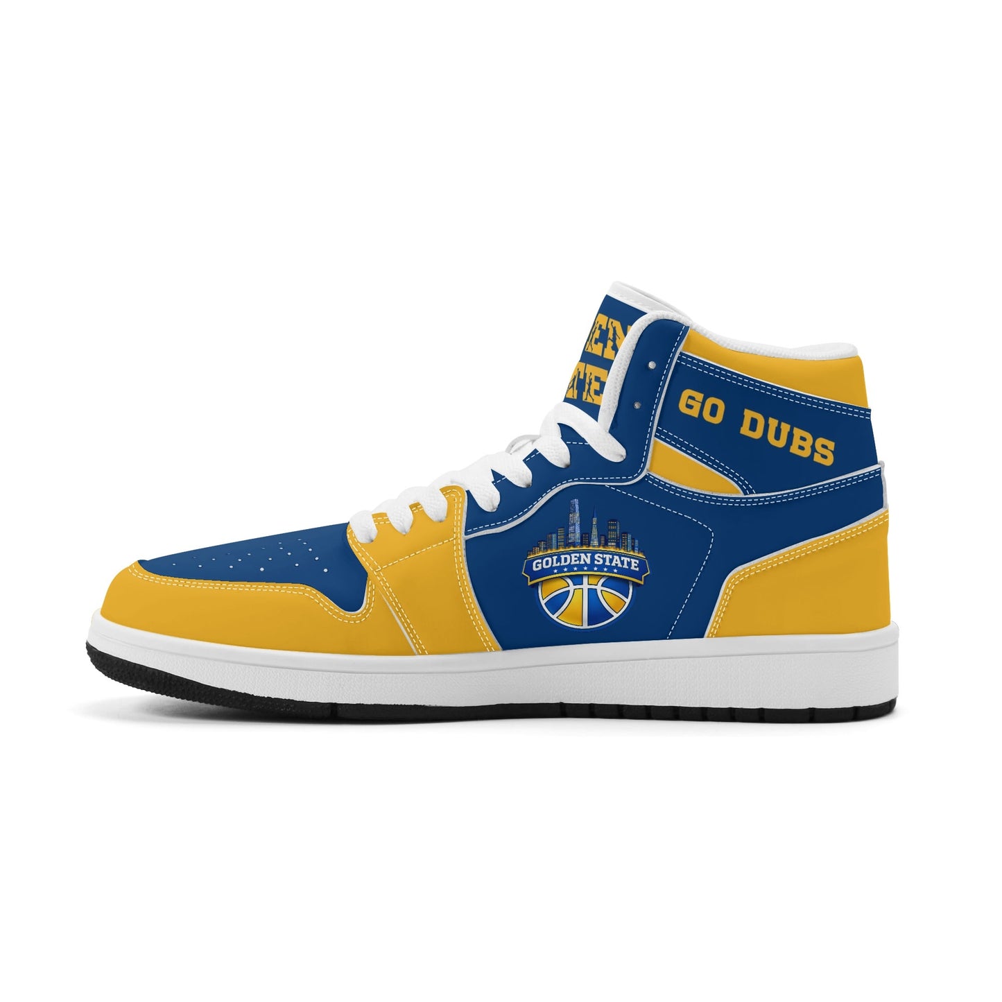 Bay Area basketball-inspired high top sneakers in blue with all-over city graphic printed upper