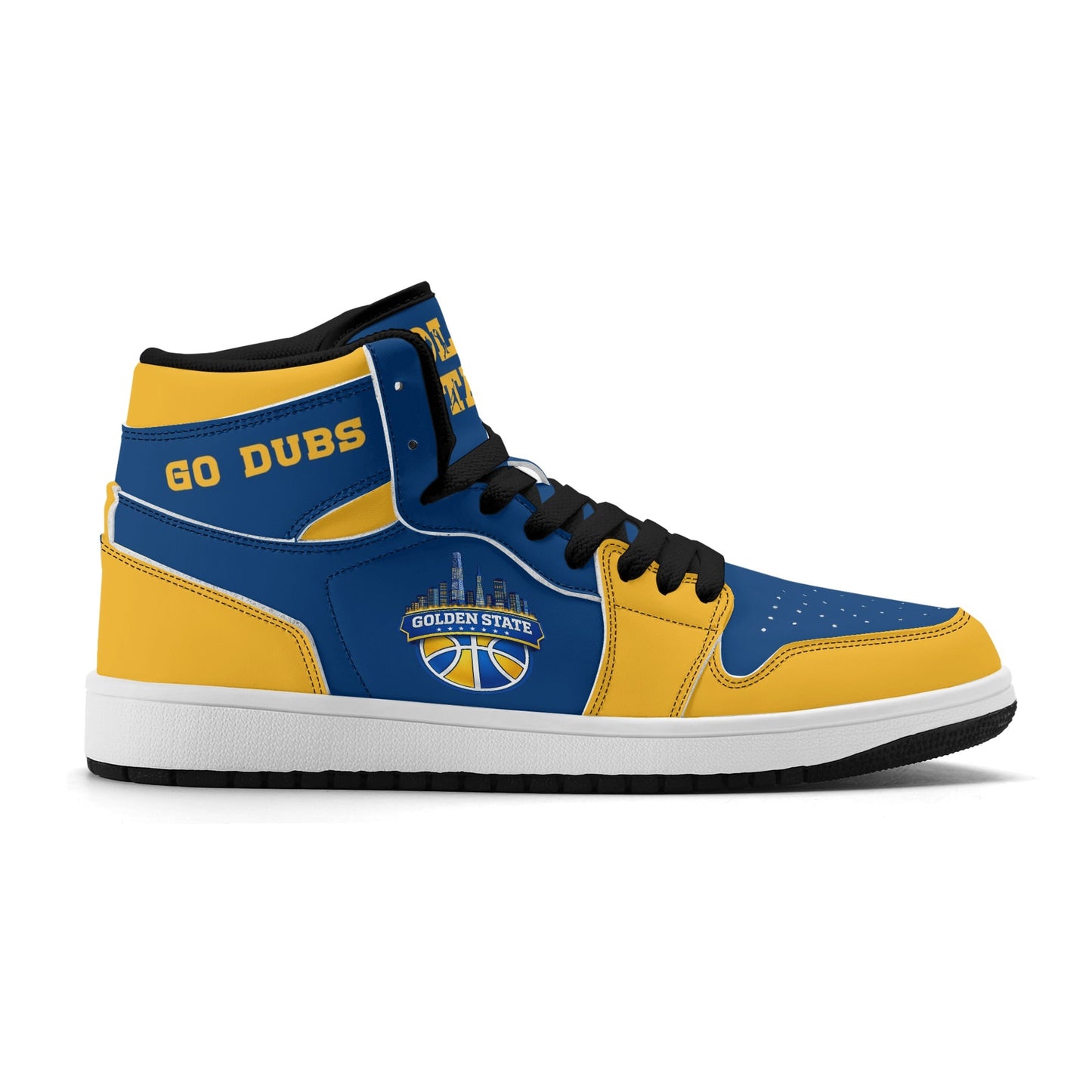 Bay Area basketball-inspired high top sneakers in blue with all-over city graphic printed upper