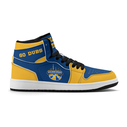 Bay Area basketball-inspired high top sneakers in blue with all-over city graphic printed upper