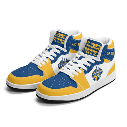 Bay Area basketball-inspired high top sneakers in white with all-over city graphic printed upper