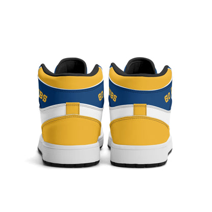 Bay Area basketball-inspired high top sneakers in white with all-over city graphic printed upper