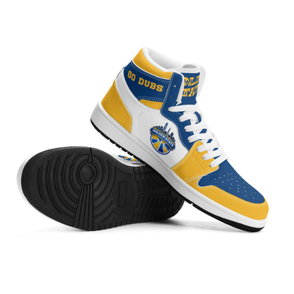 Bay Area basketball-inspired high top sneakers in white with all-over city graphic printed upper