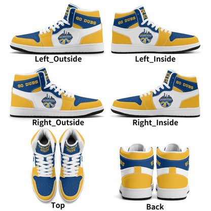 Bay Area basketball-inspired high top sneakers in white with all-over city graphic printed upper