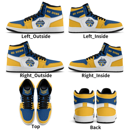 Bay Area basketball-inspired high top sneakers in white with all-over city graphic printed upper