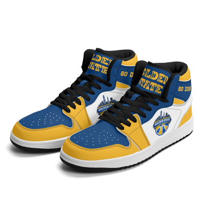 Bay Area basketball-inspired high top sneakers in white with all-over city graphic printed upper