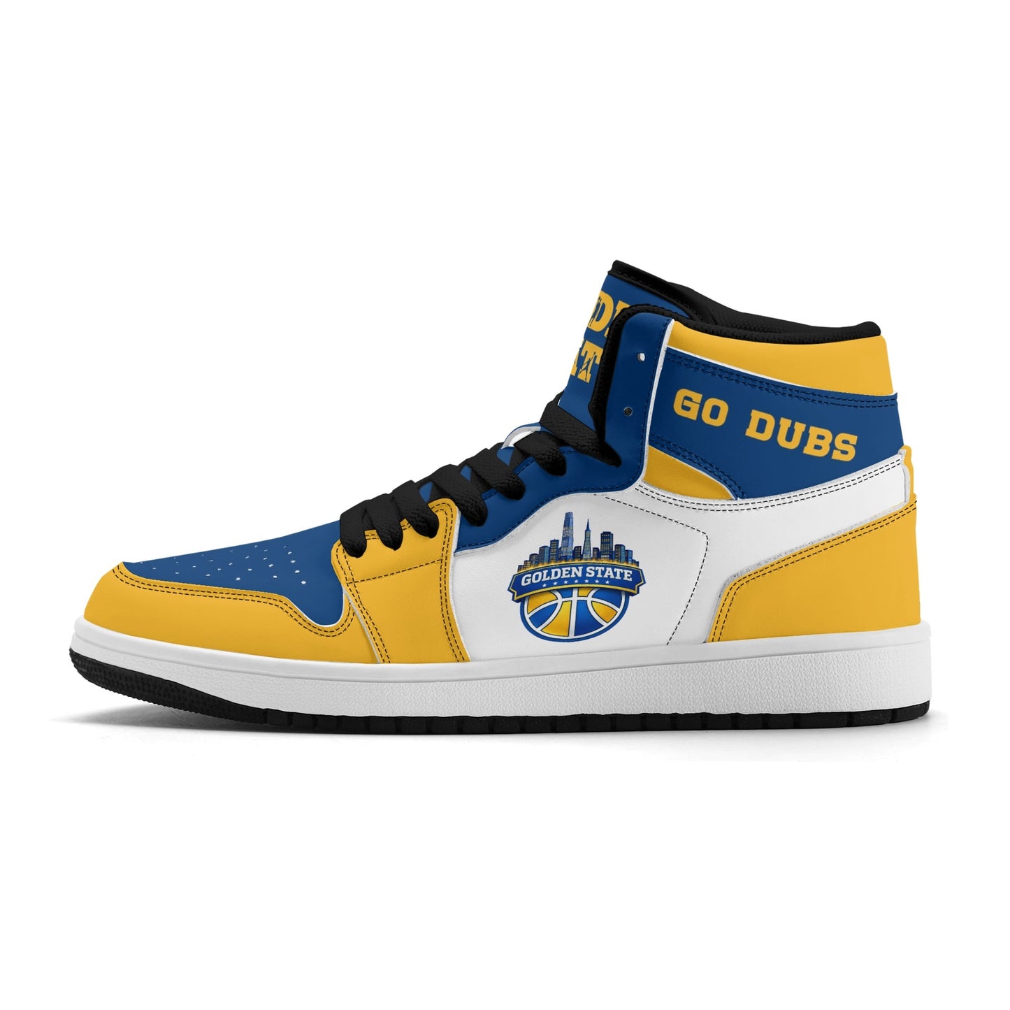Bay Area basketball-inspired high top sneakers in white with all-over city graphic printed upper