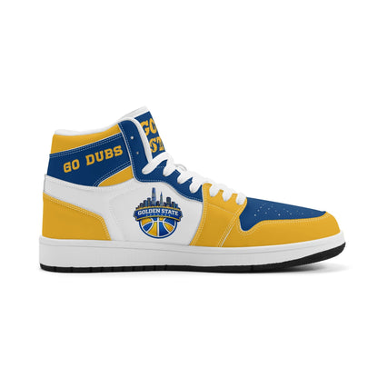 Bay Area basketball-inspired high top sneakers in white with all-over city graphic printed upper
