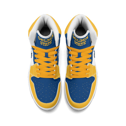 Bay Area basketball-inspired high top sneakers in white with all-over city graphic printed upper