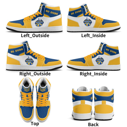 Bay Area basketball-inspired high top sneakers in white with all-over city graphic printed upper