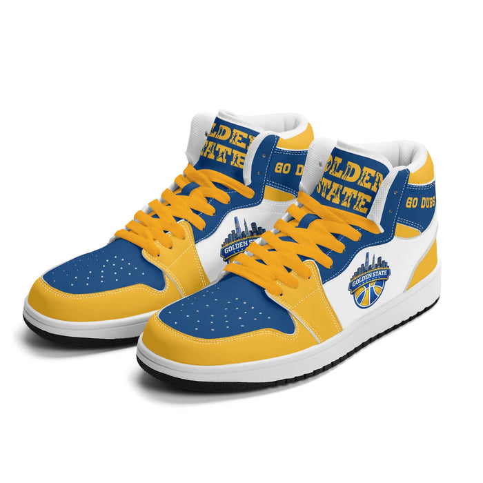 Golden State basketball Jamrock High top sneakers in white, blue and gold with GO DUBS collar and GOLDEN STATE badge