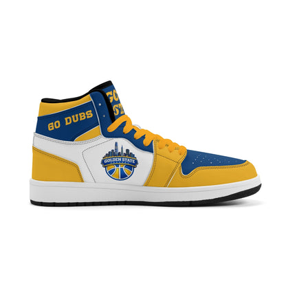 Bay Area basketball-inspired high top sneakers in white with all-over city graphic printed upper