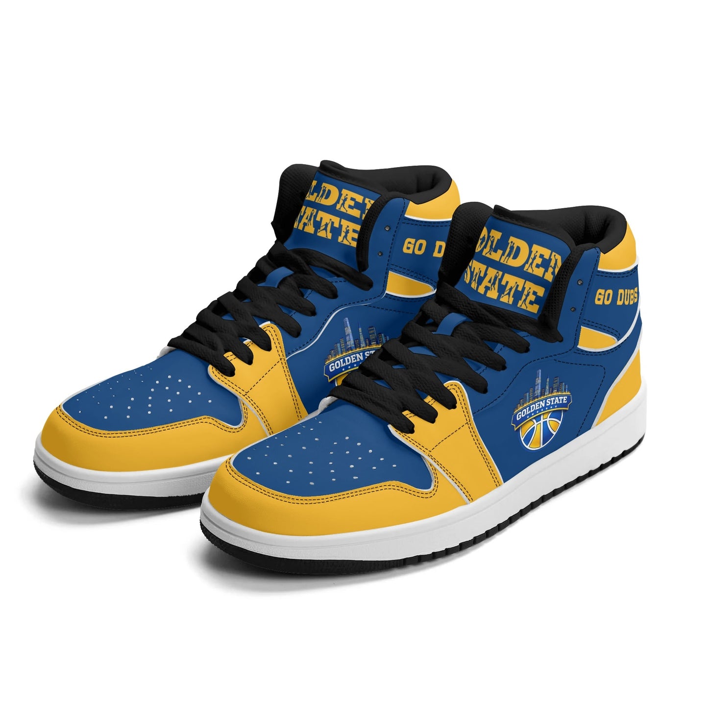 Bay Area basketball-inspired high top sneakers in blue with all-over city graphic printed upper