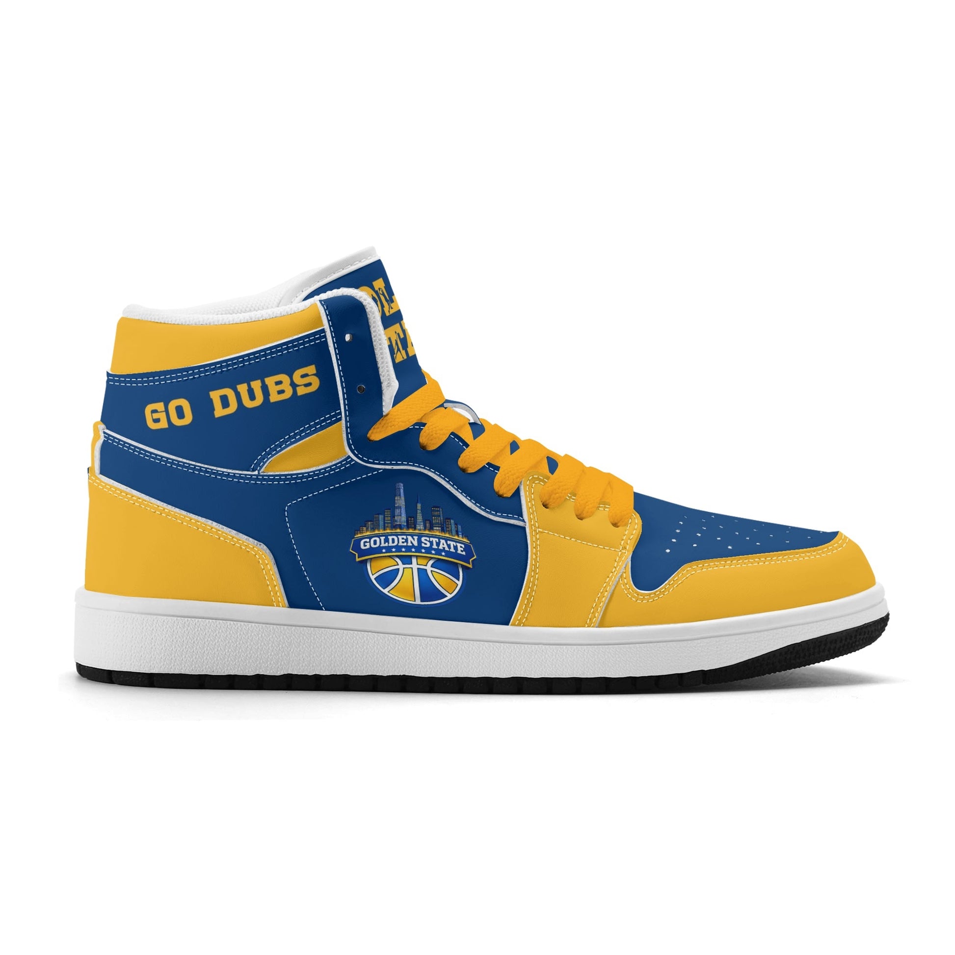 Bay Area basketball-inspired high top sneakers in blue with all-over city graphic printed upper