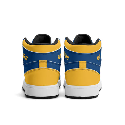 Bay Area basketball-inspired high top sneakers in blue with all-over city graphic printed upper