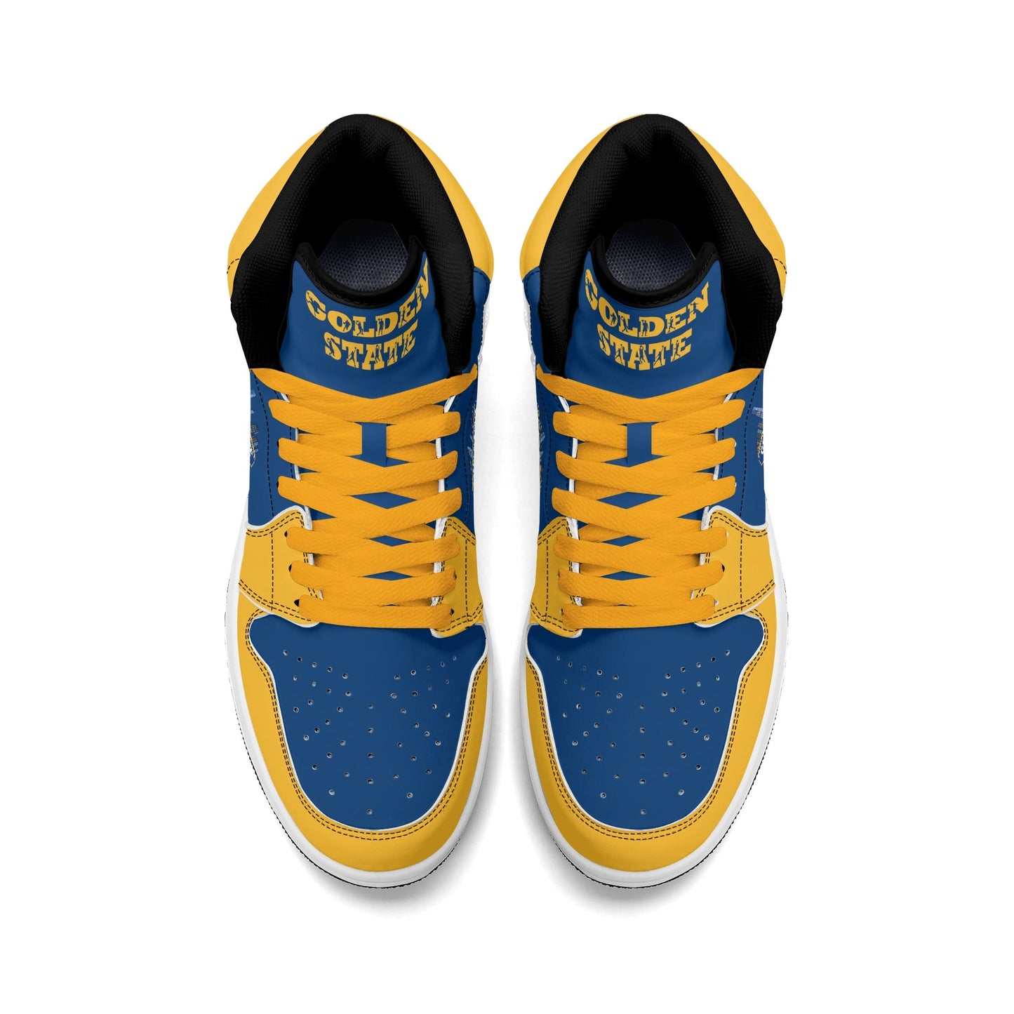 Bay Area basketball-inspired high top sneakers in blue with all-over city graphic printed upper