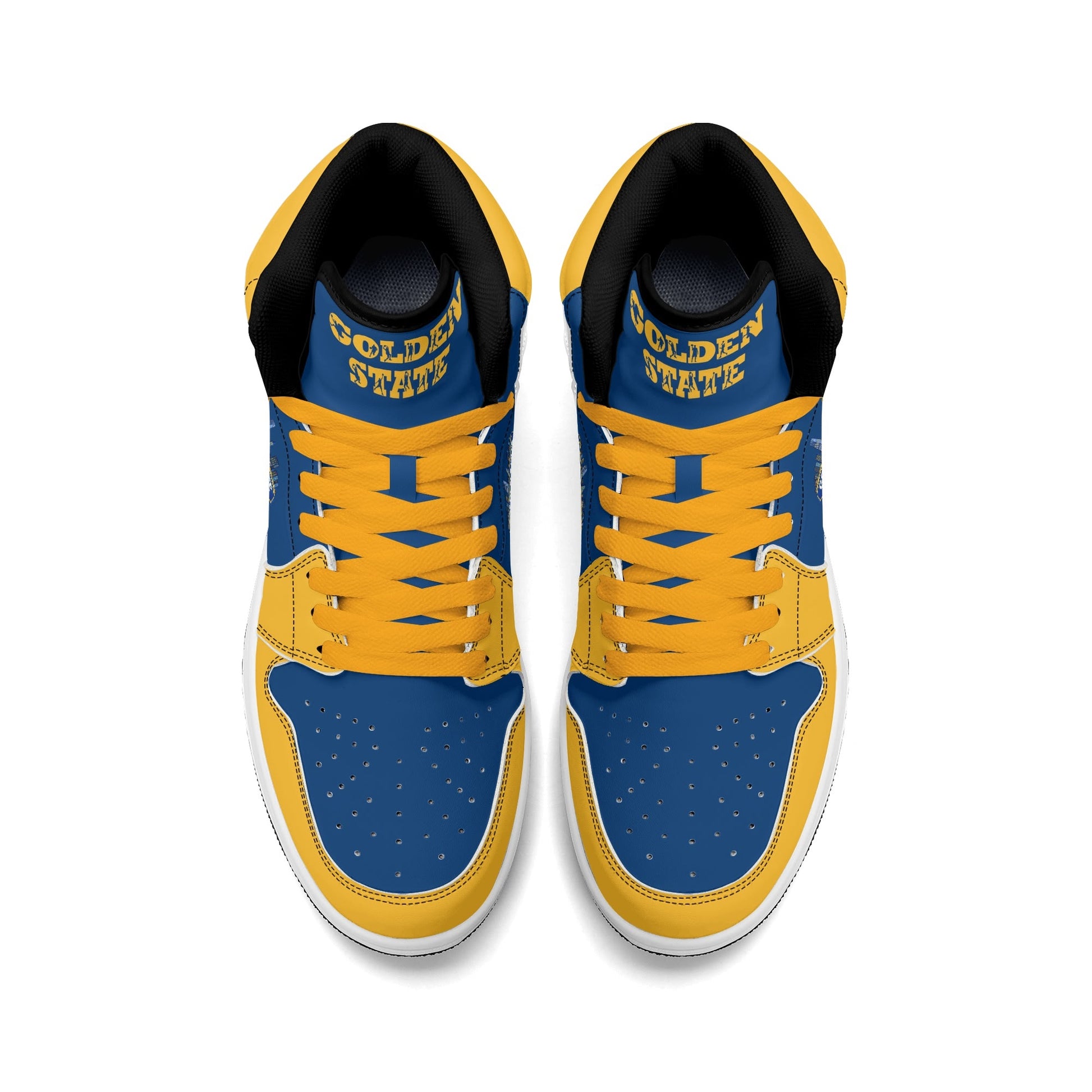 Bay Area basketball-inspired high top sneakers in blue with all-over city graphic printed upper