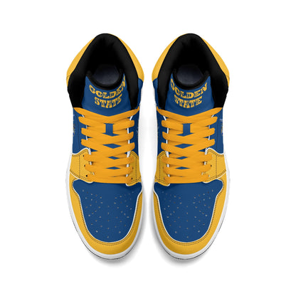 Bay Area basketball-inspired high top sneakers in blue with all-over city graphic printed upper