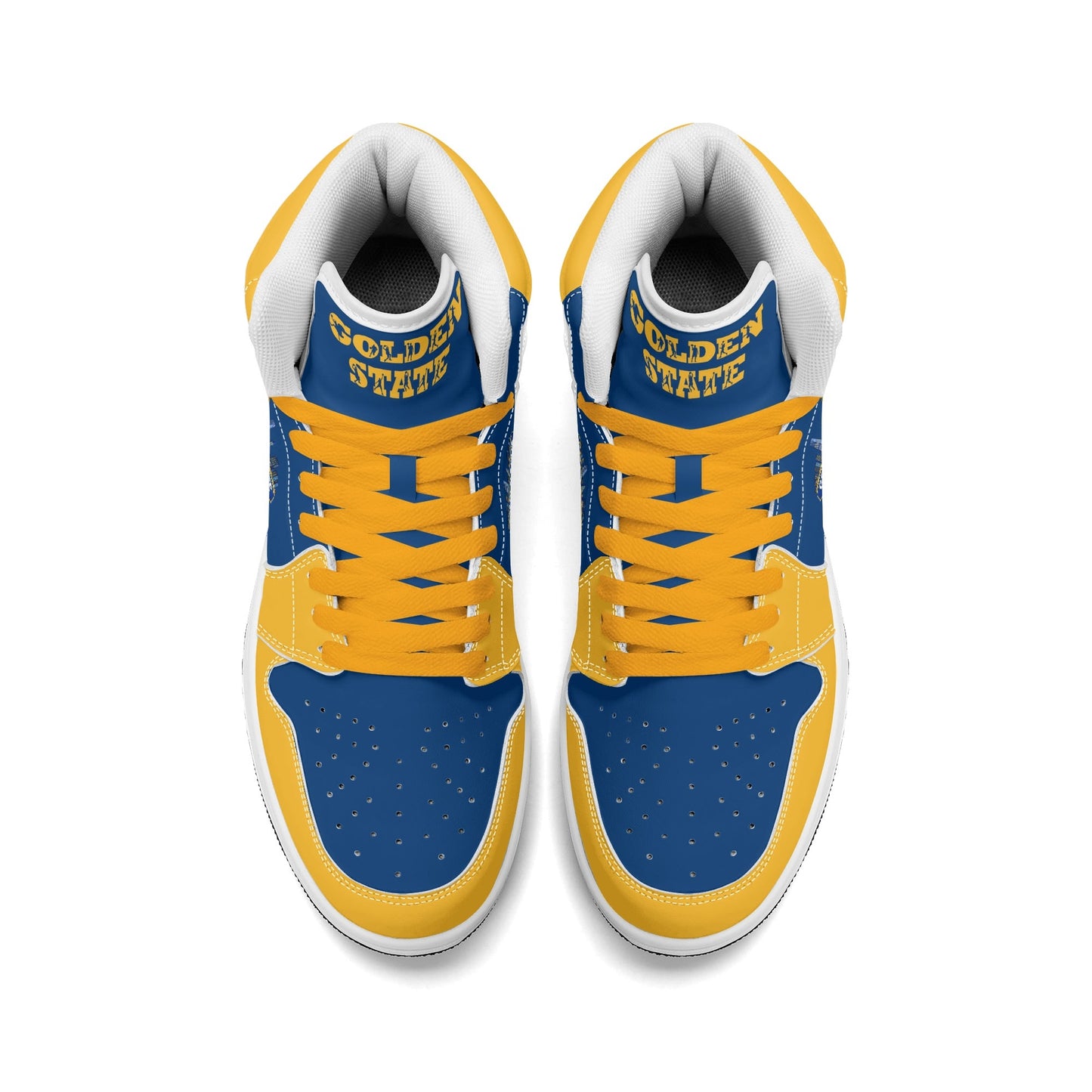 Bay Area basketball-inspired high top sneakers in blue with all-over city graphic printed upper