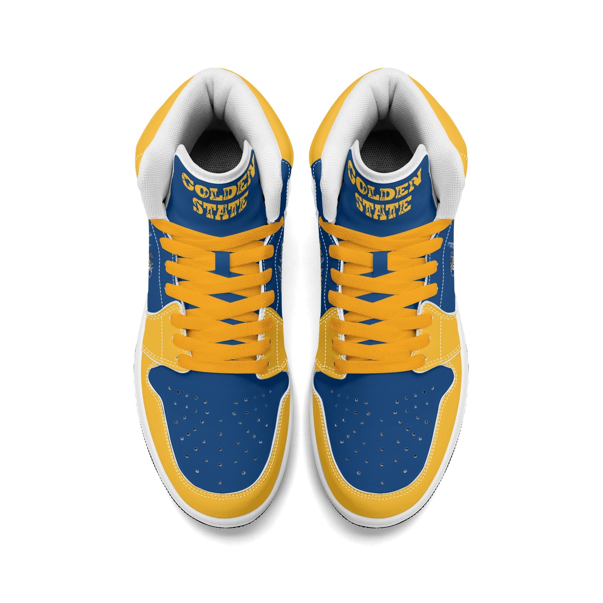 Bay Area basketball-inspired high top sneakers in blue with all-over city graphic printed upper