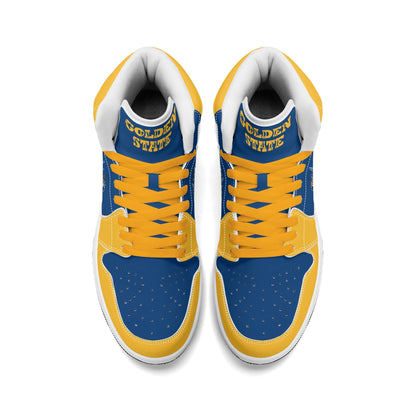Bay Area basketball-inspired high top sneakers in blue with all-over city graphic printed upper