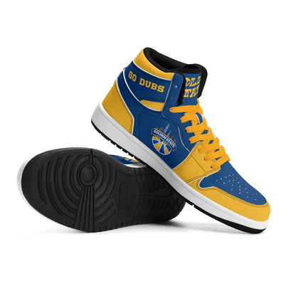 Bay Area basketball-inspired high top sneakers in blue with all-over city graphic printed upper