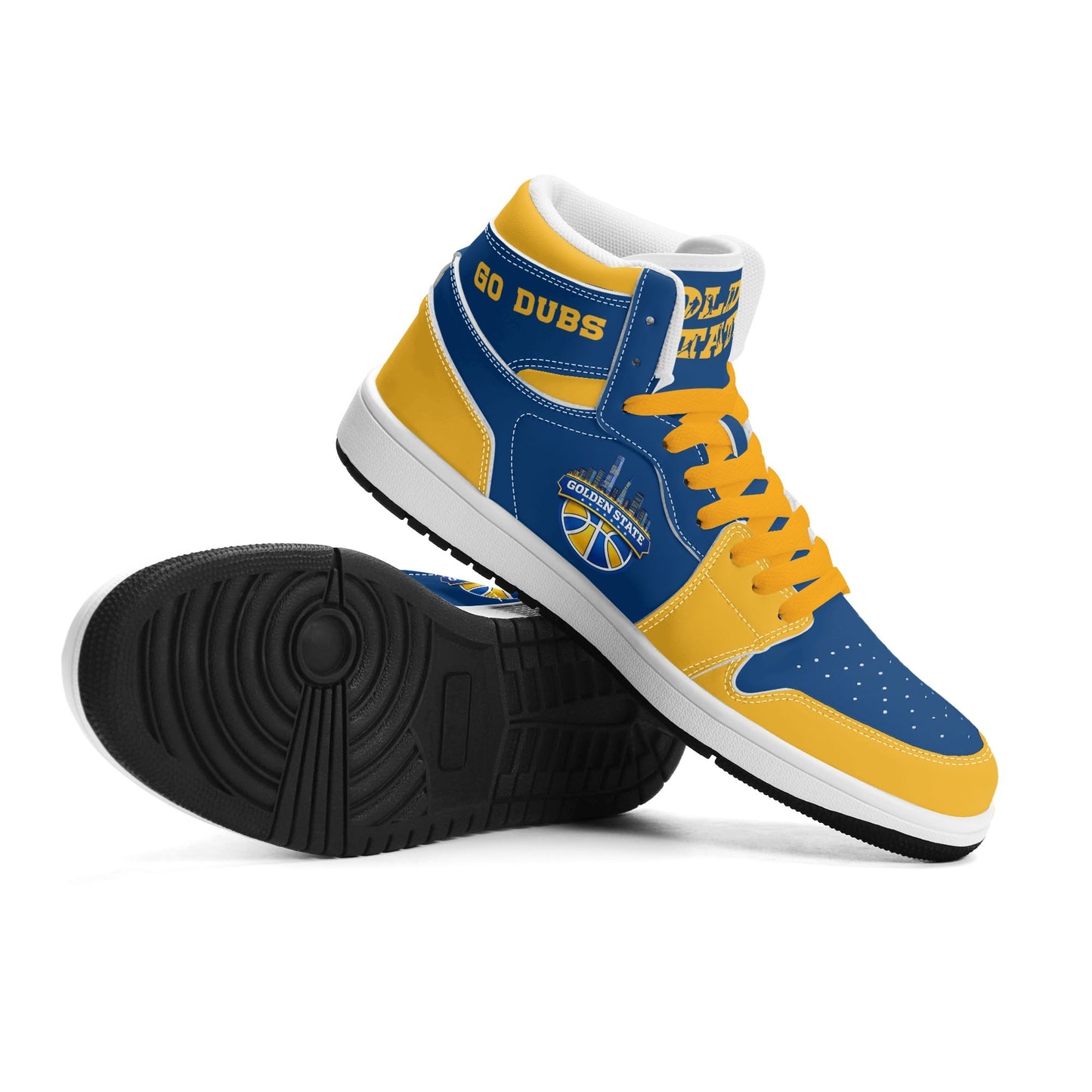 Bay Area basketball-inspired high top sneakers in blue with all-over city graphic printed upper