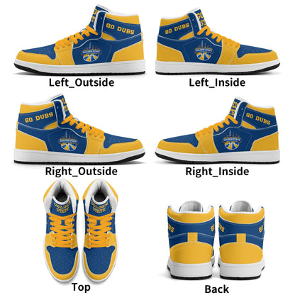 Bay Area basketball-inspired high top sneakers in blue with all-over city graphic printed upper