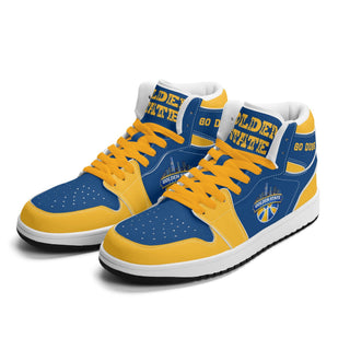 Golden State basketball Jamrock High top sneakers in royal blue and gold with GO DUBS collar and GOLDEN STATE badge
