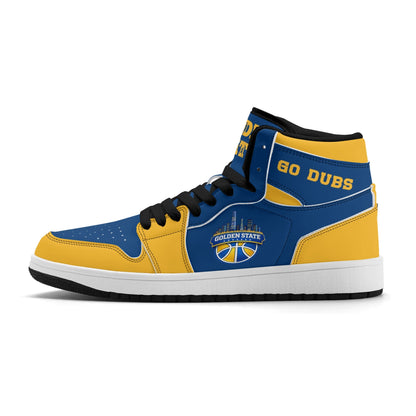 Bay Area basketball-inspired high top sneakers in blue with all-over city graphic printed upper