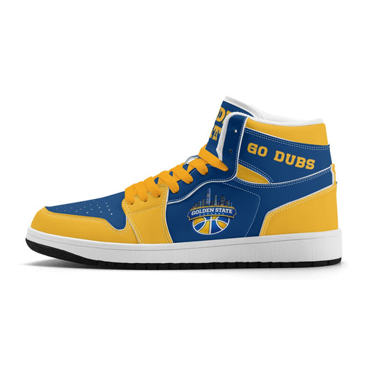 Bay Area basketball-inspired high top sneakers in blue with all-over city graphic printed upper
