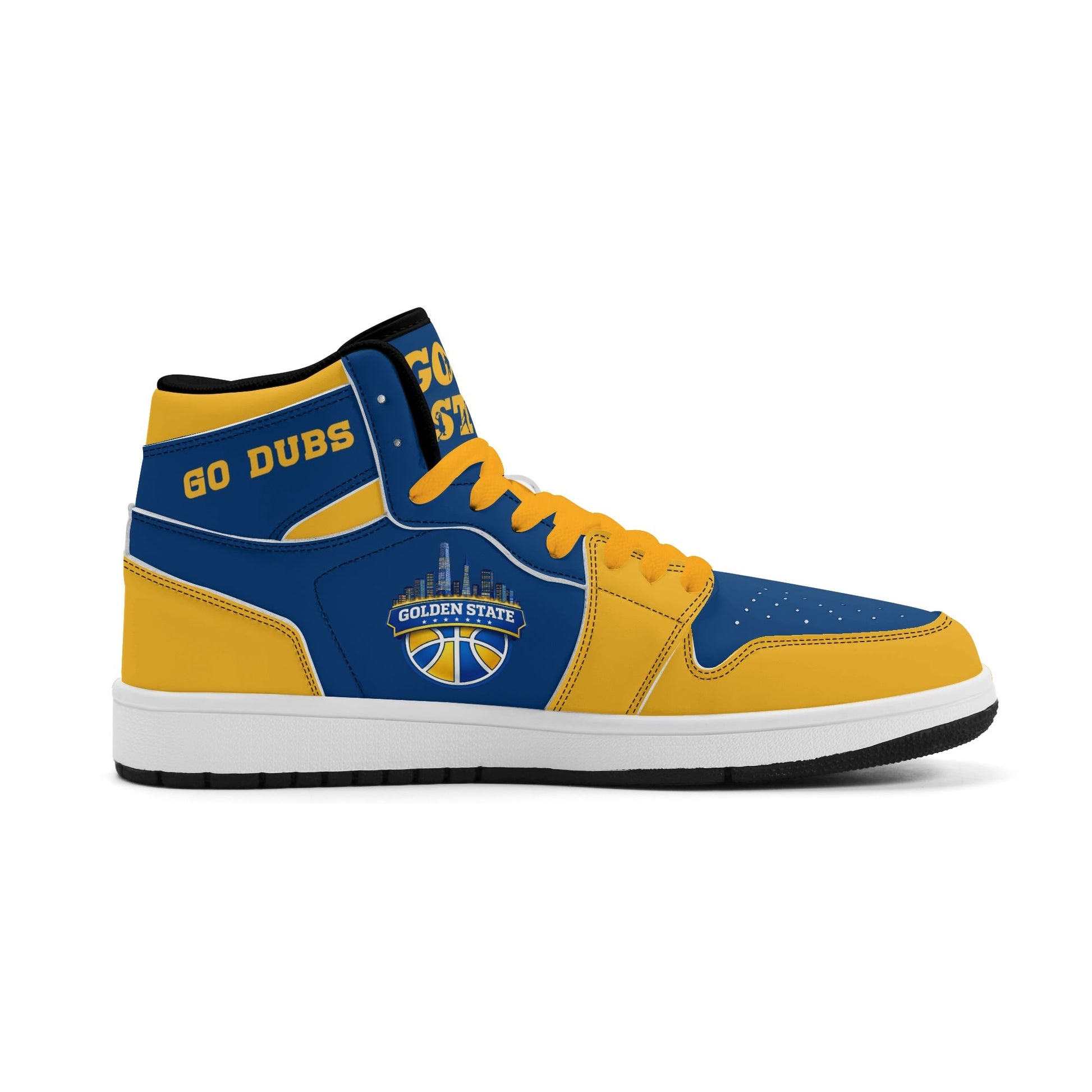 Bay Area basketball-inspired high top sneakers in blue with all-over city graphic printed upper
