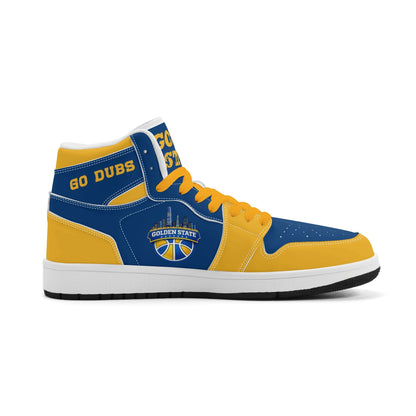 Bay Area basketball-inspired high top sneakers in blue with all-over city graphic printed upper