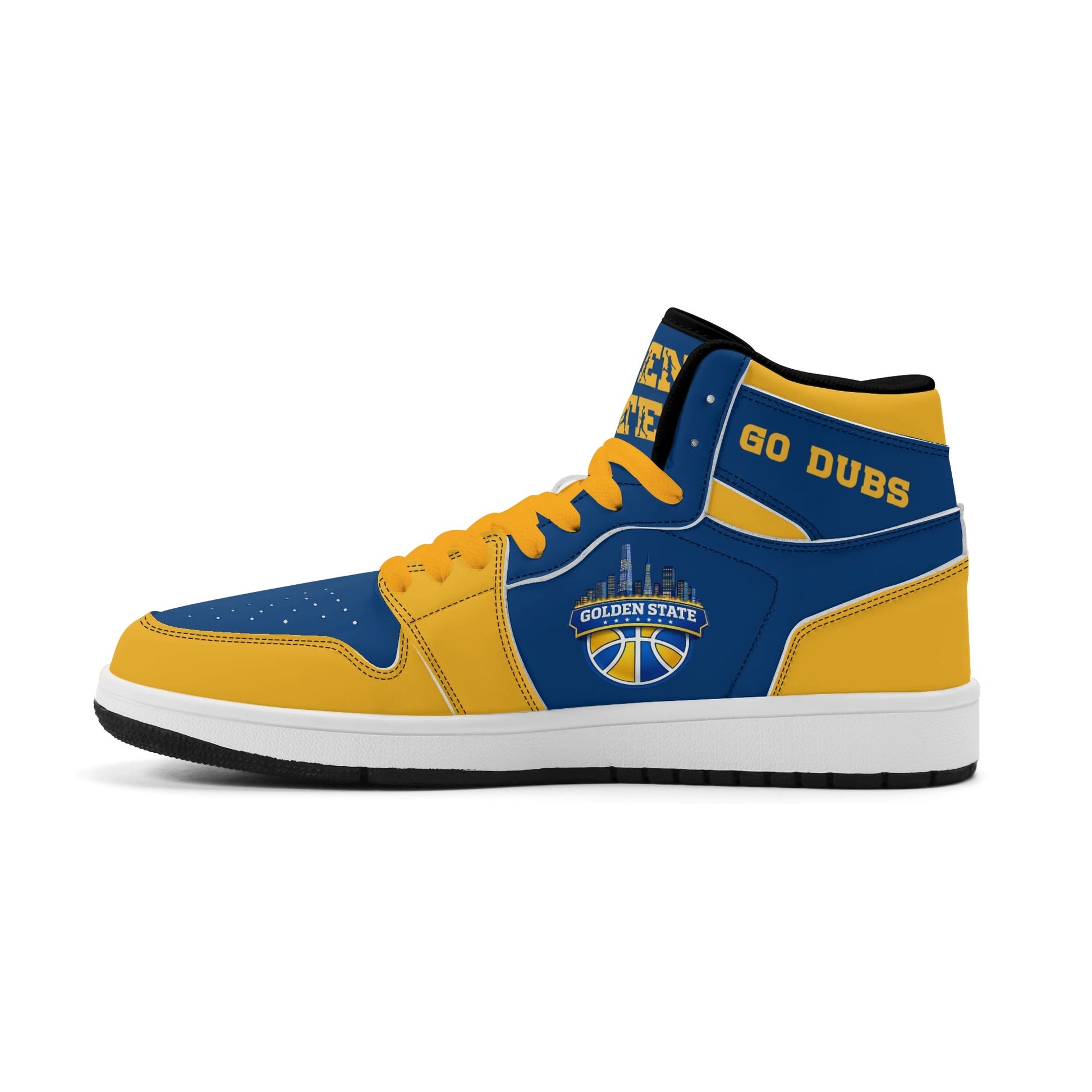 Bay Area basketball-inspired high top sneakers in blue with all-over city graphic printed upper