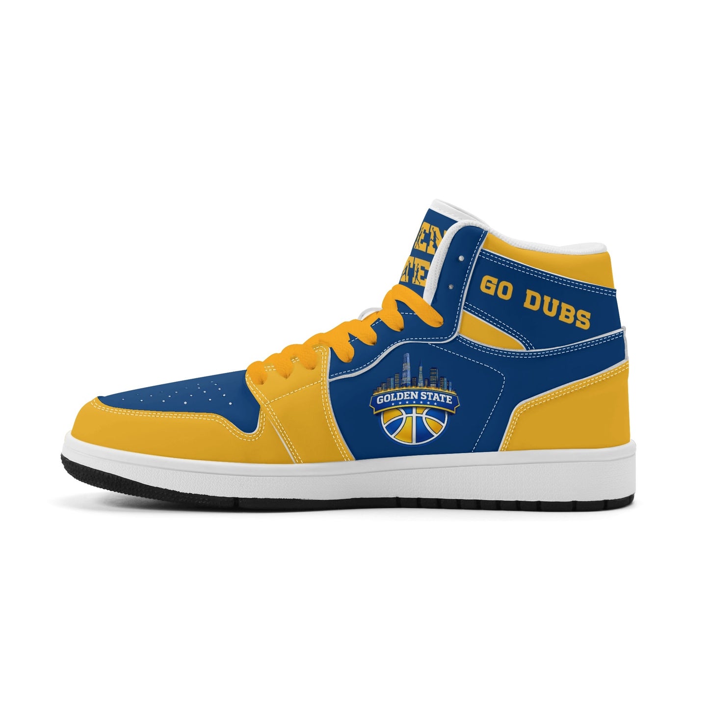 Bay Area basketball-inspired high top sneakers in blue with all-over city graphic printed upper