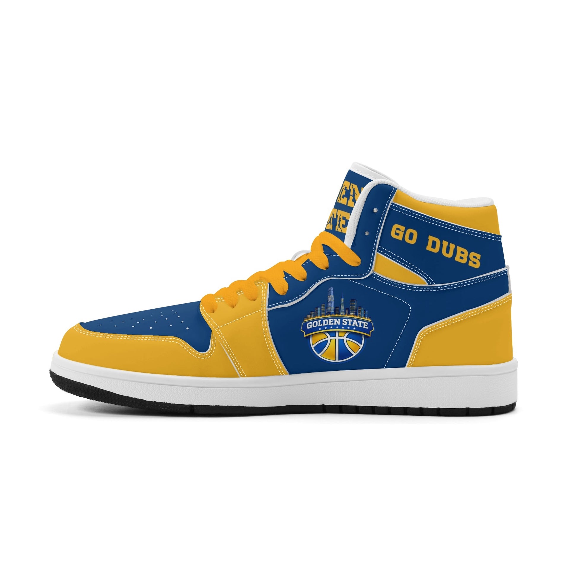 Bay Area basketball-inspired high top sneakers in blue with all-over city graphic printed upper