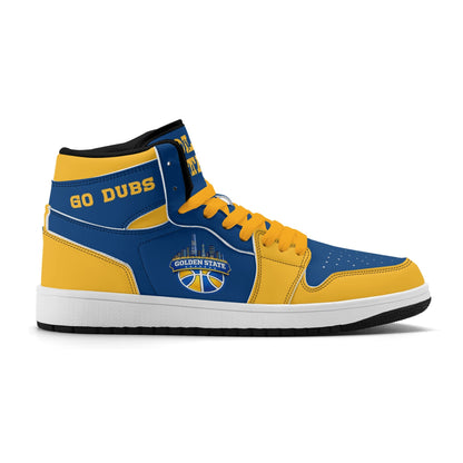Bay Area basketball-inspired high top sneakers in blue with all-over city graphic printed upper