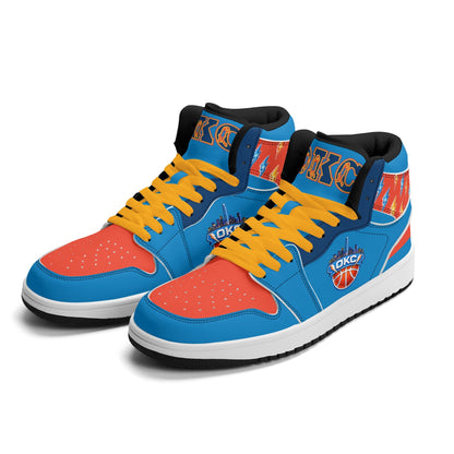 Oklahoma City basketball-inspired high top sneakers in blue with all-over city graphic printed upper